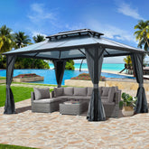 10'x13' Patio Hardtop Gazebo Canopy Polycarbonate Double-Roof w/ Netting & Curtains, Black